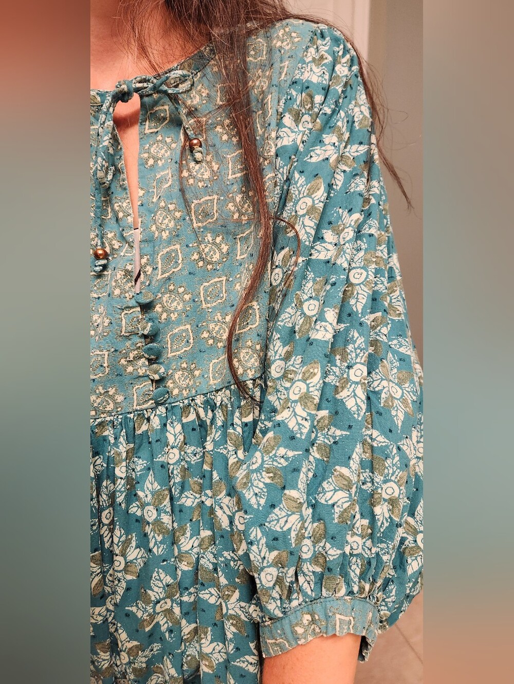 Free People Size L Teal Green Maxi Dress Balloon Sleeve Beaded Detail Stunning - Picture 9 of 17